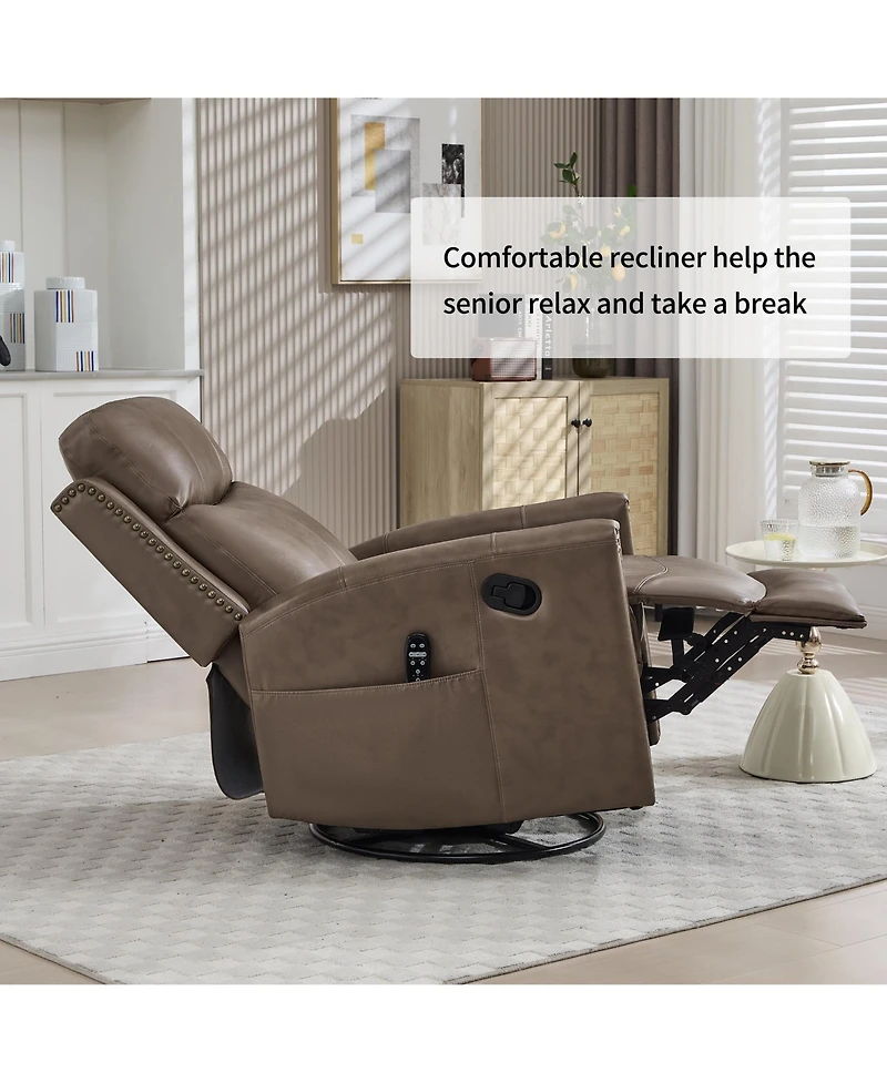 Genuine Leather Heat Massage Manual Recliner Chair with Rocker and Swivel for Living Room