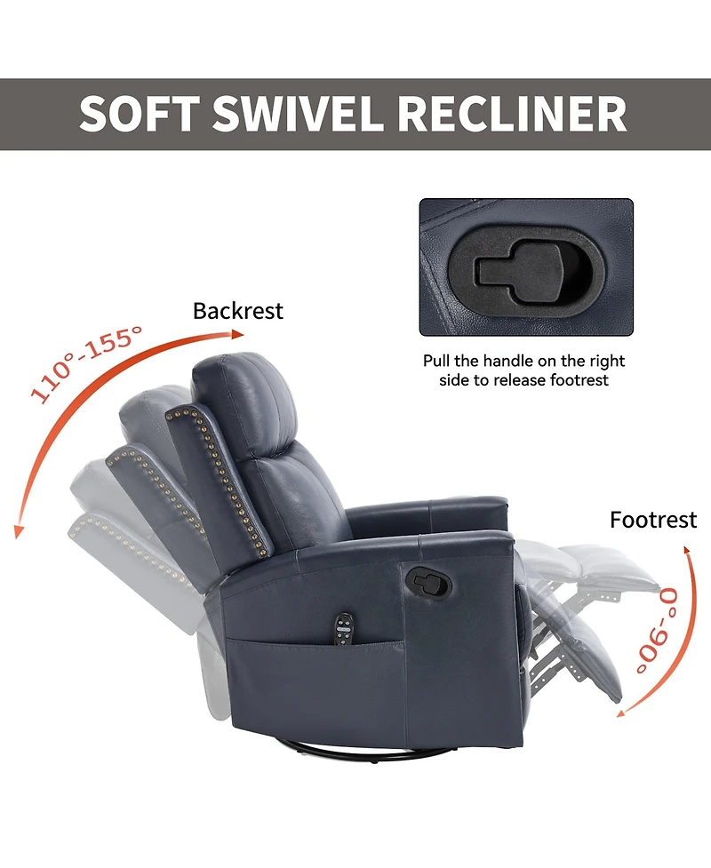 Genuine Leather Heat Massage Manual Recliner Chair with Rocker and Swivel for Living Room