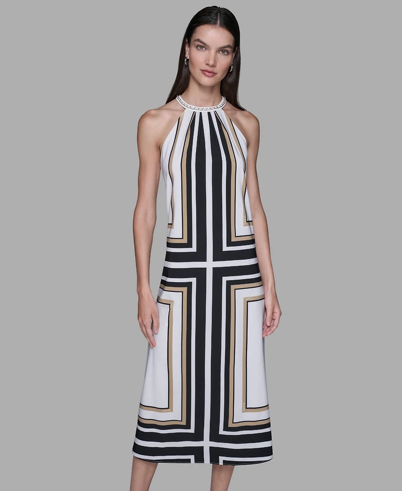 Karl Lagerfeld Paris Women's Halter Neck Printed Midi Dress