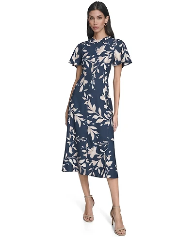 Calvin Klein Women's Printed Flutter Sleeve Crewneck Midi Dress