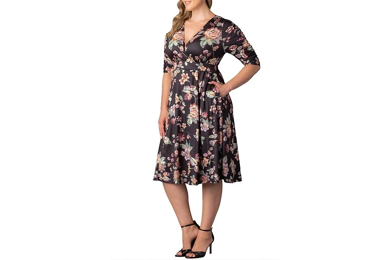 Kiyonna Plus Gabriella Ruched Sleeve Midi Dress with Pockets