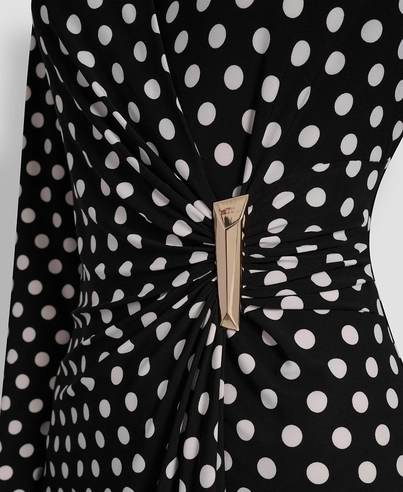 Dkny Women's Long Sleeve Faux Wrap Polka Dot Knee Length Dress