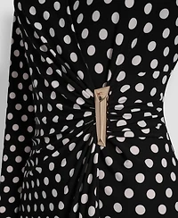 Dkny Women's Long Sleeve Faux Wrap Polka Dot Knee Length Dress