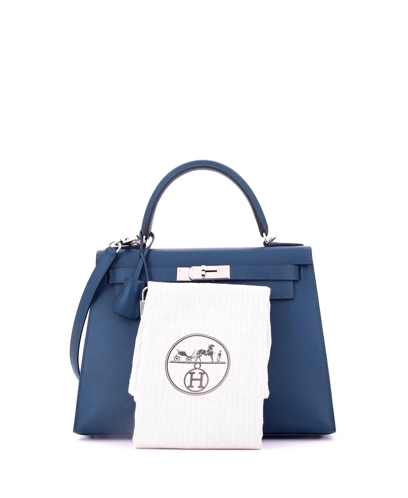 Pre-Owned Hermes Kelly 28 Handbag Blue Madame with Palladium Hardware