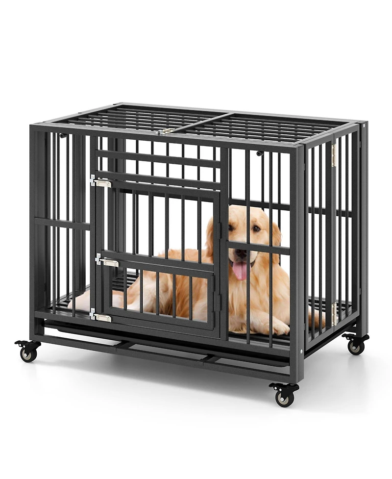 Sugift Foldable Heavy-Duty Metal Dog Cage Chew-proof Dog Crate with Lockable Universal Wheels