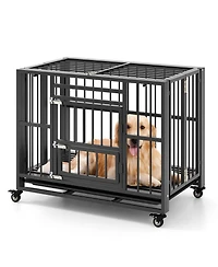 Sugift Foldable Heavy-Duty Metal Dog Cage Chew-proof Dog Crate with Lockable Universal Wheels