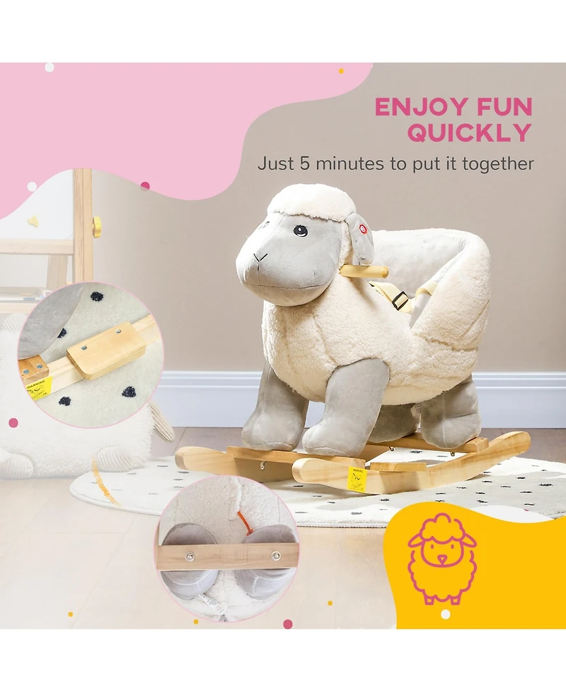 Qaba Kids Rocking Chair with Sound, Wood Base Seat, Safety Belt, Lamb