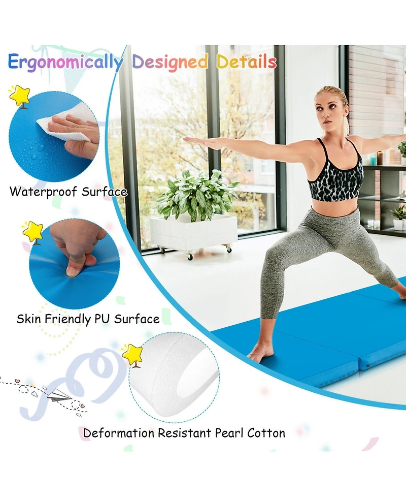 Sugift 6 x 2 Ft Tri-Fold Gym Mat with Handles and Removable Zippered Cover-Blue