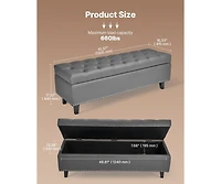 Pu Leather Storage Ottoman Bench Gray with Button-Tufted Design and Wooden Legs