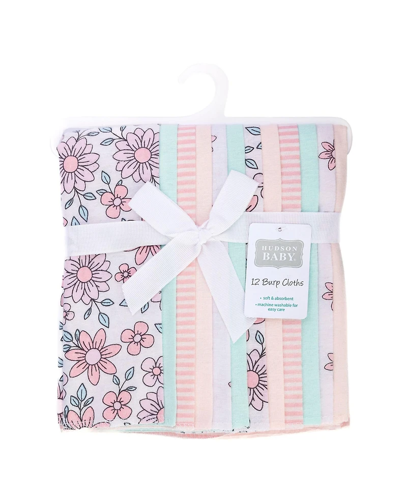 Hudson Baby Infant Girls Cotton Flannel Burp Cloths 12-Pack Bundle, Pink Mint Floral, One Size