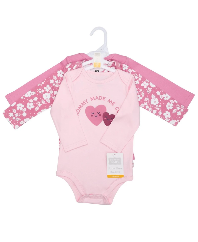 Hudson Baby Baby Girls Hudson Cotton Long-Sleeve Bodysuits 3-Pack, Cute Hearts, 0-3 Months