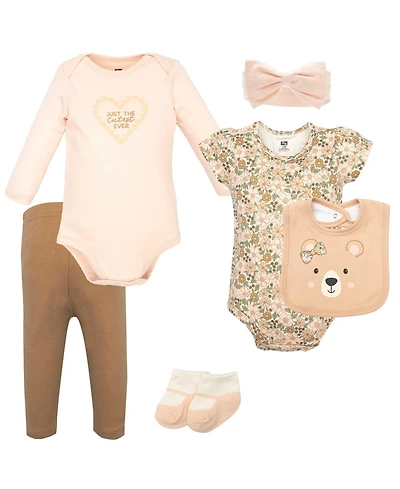 Hudson Baby Girls Cotton Layette Set, Floral Brown Bear, 9-12 Months