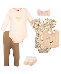 Hudson Baby Girls Cotton Layette Set, Floral Brown Bear, 9-12 Months