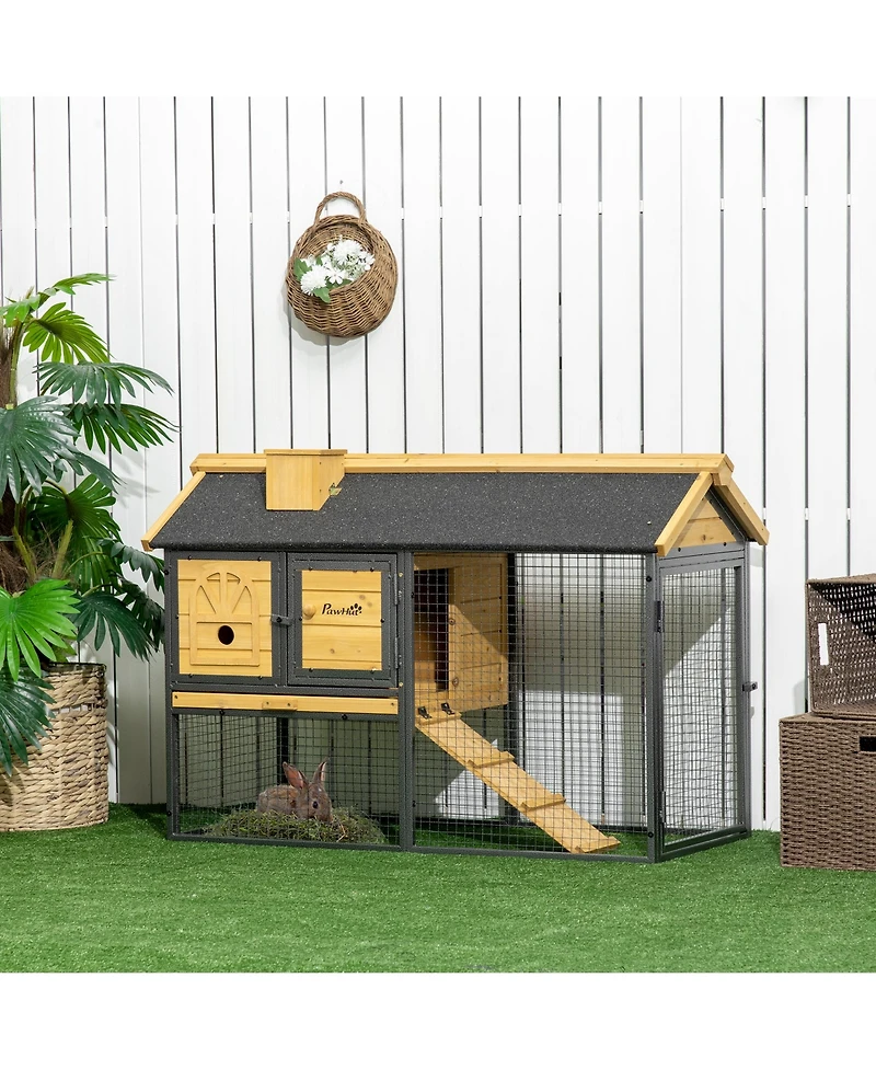 PawHut Wooden Rabbit Hutch Outdoor with Run, Bunny Cage with Removable Tray