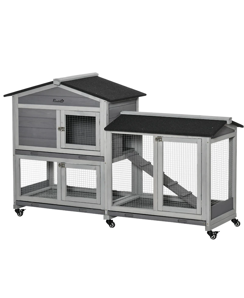 PawHut 62" Wooden Rabbit Hutch with Wheels, Run Box, No Leak Tray, and Ramp