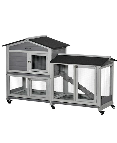 PawHut 62" Wooden Rabbit Hutch with Wheels, Run Box, No Leak Tray, and Ramp