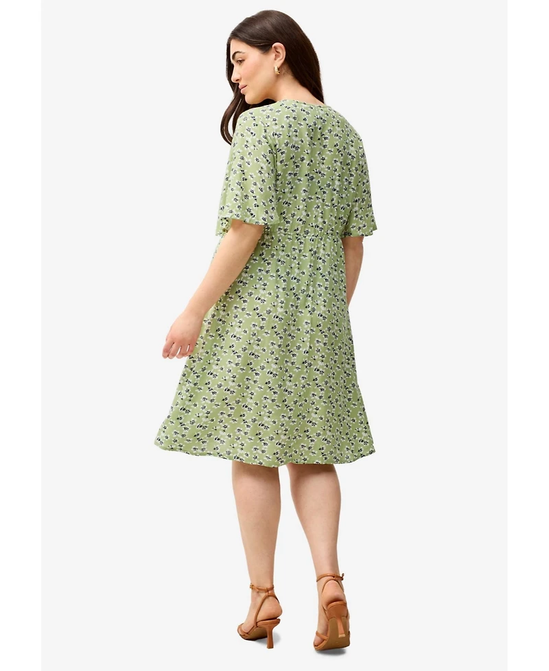 ellos Women's Plus V-Neck Empire Dress With Button Trim