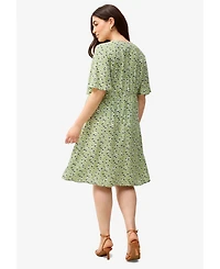 ellos Women's Plus V-Neck Empire Dress With Button Trim