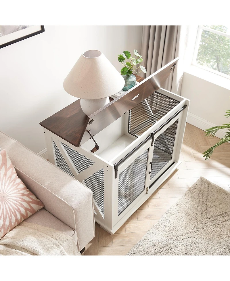 Airsurfer Dog Cage Crate Furniture with Sliding Barn Door Wooden Dog Kennel End Table with Flip-Top Plate and Detachable Divider for Small Dogs