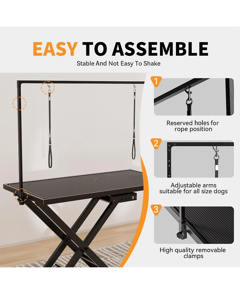 Aostirmotor 50 in. Professional Electric Dog Grooming Table and Leveling Wheels Dog Grooming Arm Anti Slip Tabletop in Black