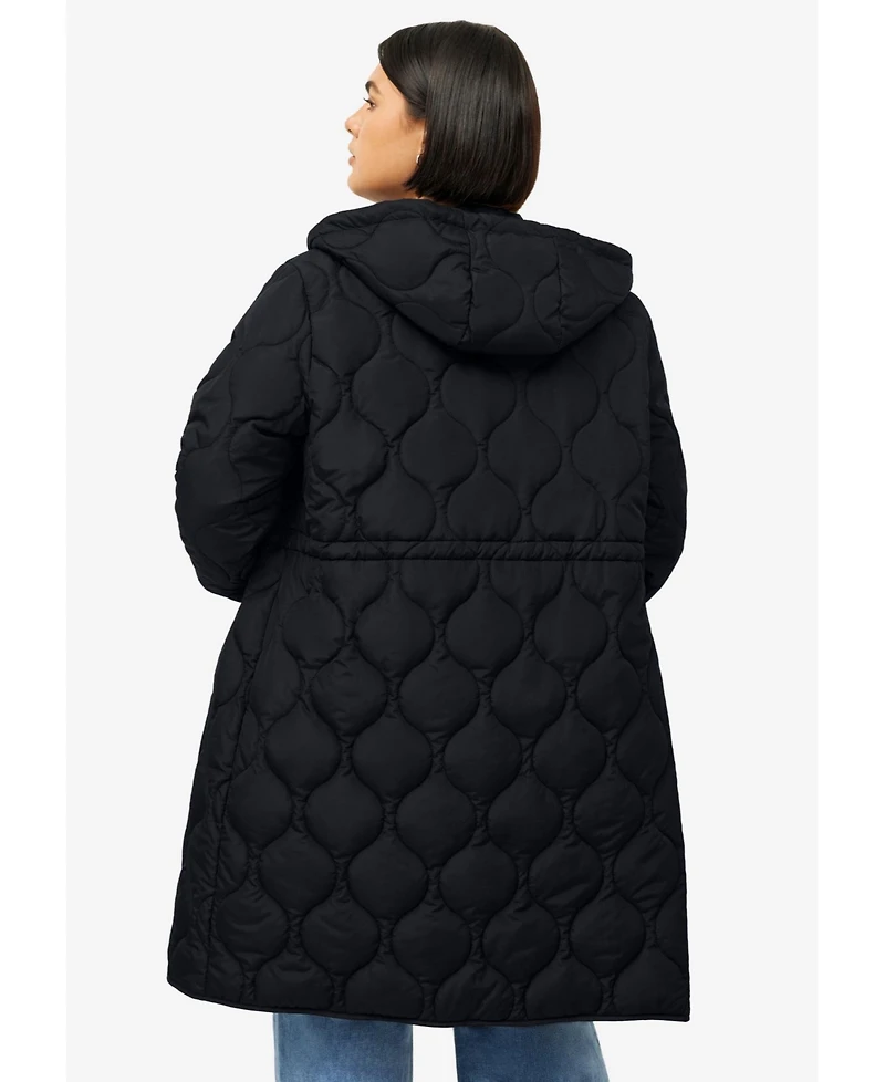 ellos Women's Long Quilted Jacket With Drawstring Waist