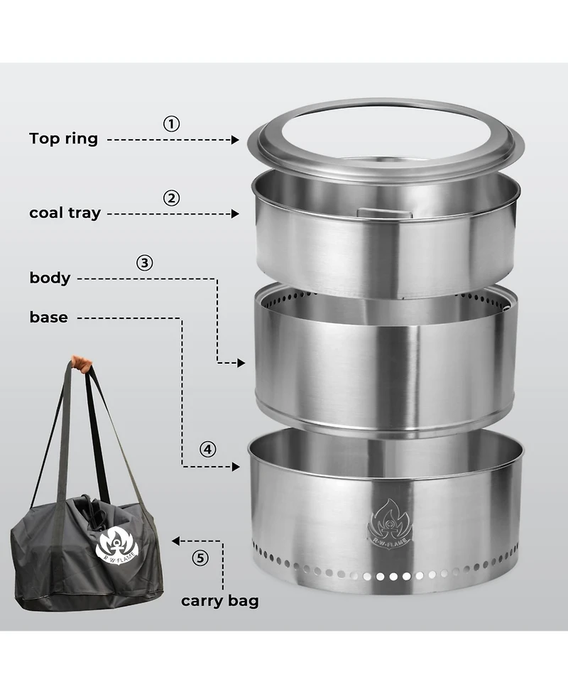 Cowsar Smokeless Fire Pit 3.0, 19" Outdoor Portable Wood-Burning Fire Pit with Detachable Ash Pan, Stainless Steel, Round Flame Hole, Carry Bag