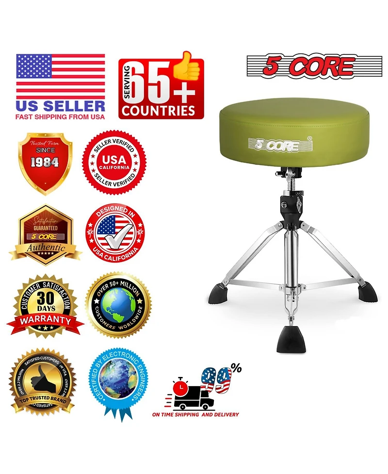 5 Core Drum Throne 4" Thick Padded Guitar Stool 441Lb Capacity 20-26" Adjustable Drummer Chair