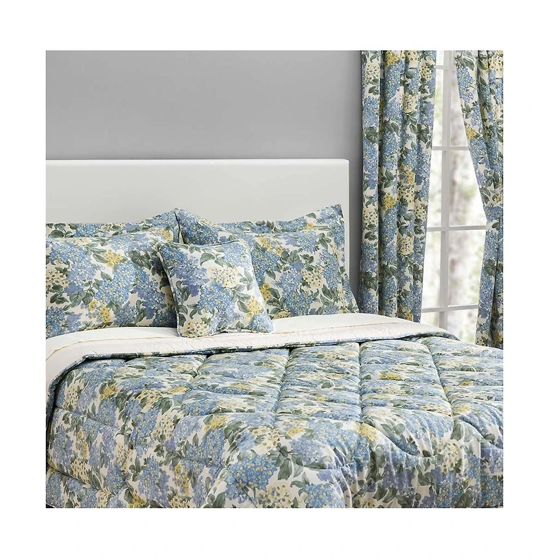 Ellis Hydrangea Classic Pattern Printed 1.5" Rod Pocket Window Tailored Pair with Ties 68"x84" Blue