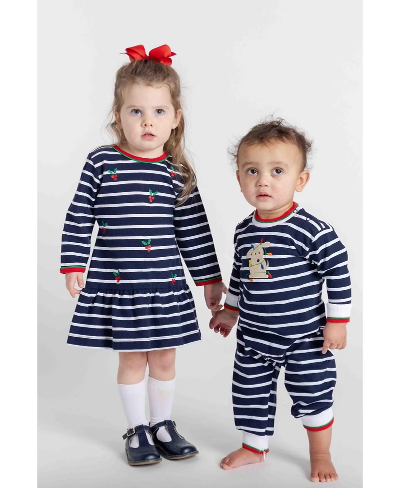 Florence Eiseman Toddler Girls Stripe Knit Dress With Embroidered Holly