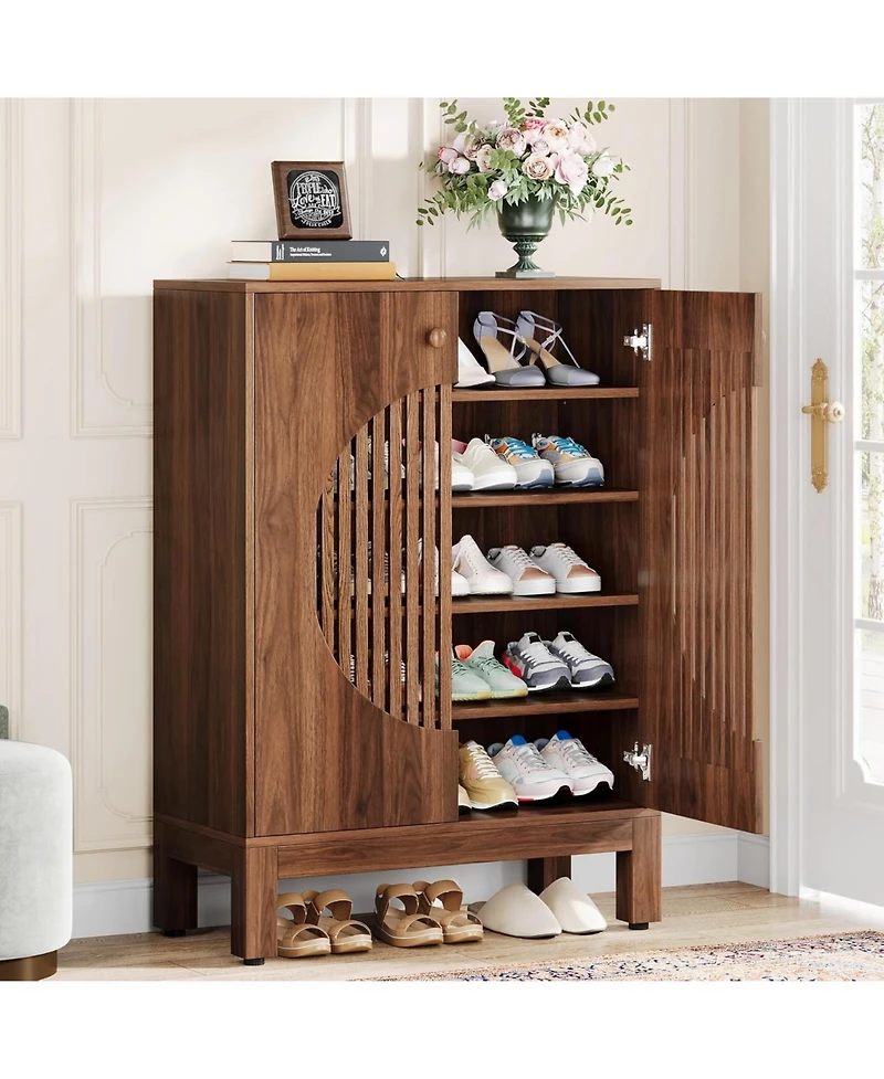 Tribesigns 20 Pairs Shoe Storage Cabinet with Adjustable Shelves, Round Louvered Doors