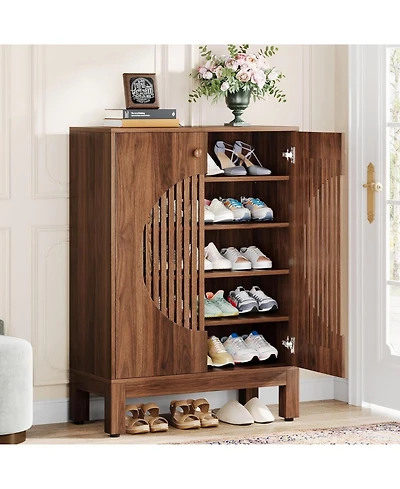 Tribesigns 20 Pairs Shoe Storage Cabinet with Adjustable Shelves, Round Louvered Doors