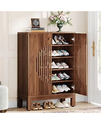 Tribesigns 20 Pairs Shoe Storage Cabinet with Adjustable Shelves, Round Louvered Doors