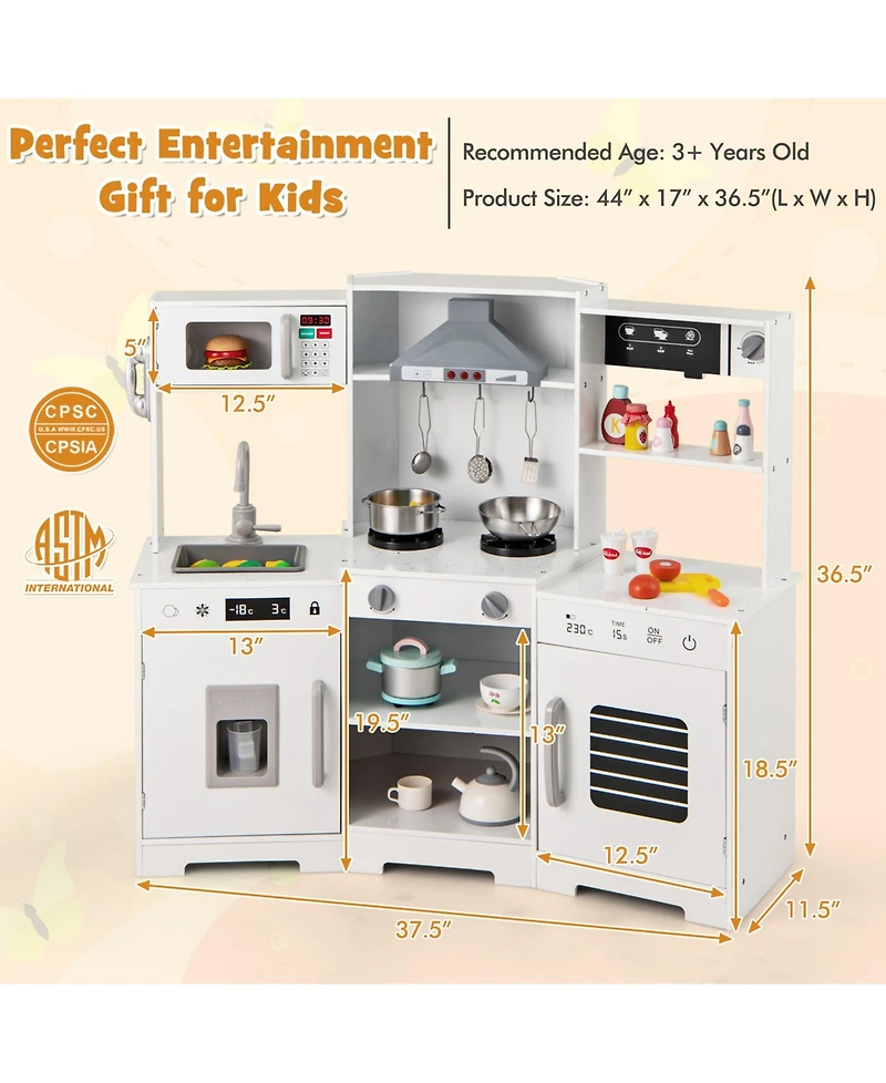 Sugift Pretend Play Kitchen Wooden Toy Set with Range Hood Real Sounds and Lights-White