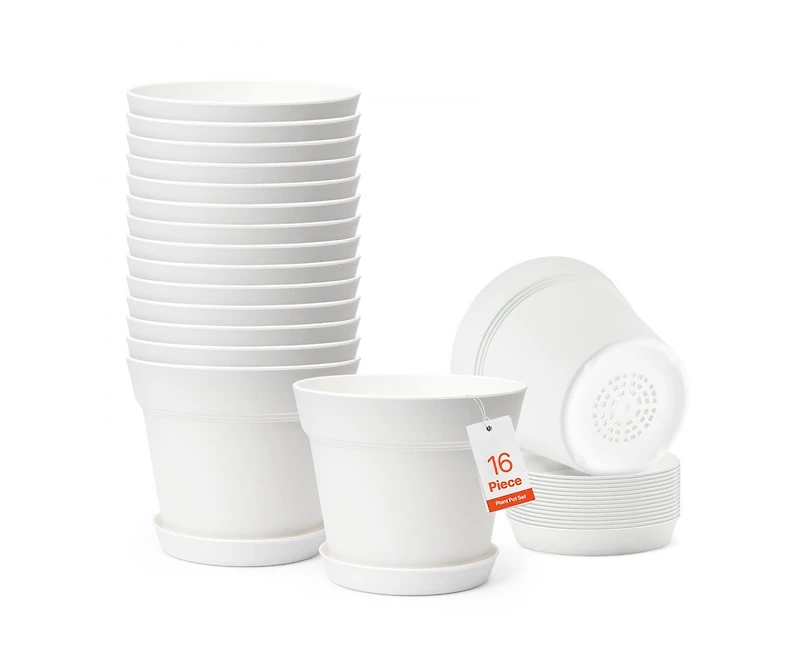 Slickblue Set of 16 Plastic Plant Pots with Saucers and Drainage Holes
