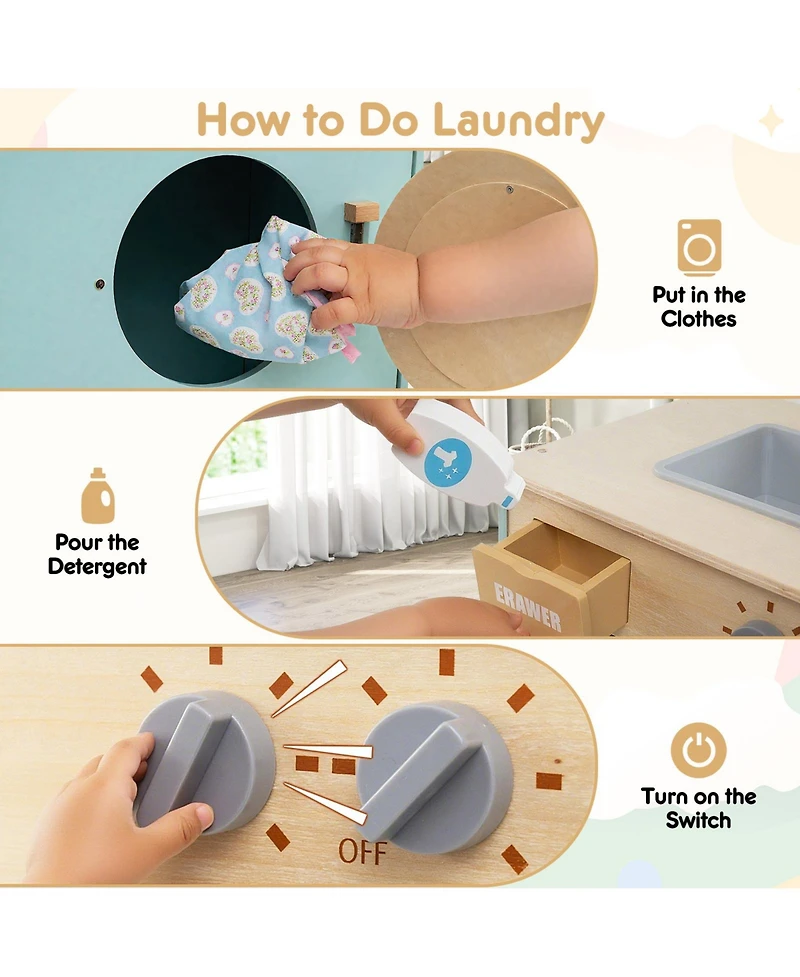 Skonyon Wooden Kids Laundry Playset with Washer, Sink, and Accessories