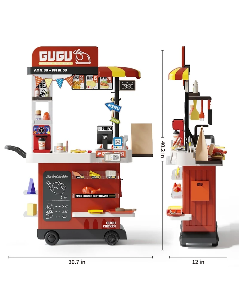 82-Piece Kids Play Kitchen Set Fried Chicken Shop with Steam, Water Circulation Sink