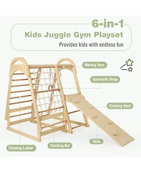 Sugift 6-in-1 Wooden Kids Jungle Gym Playset with Slide Climbing Net-Natural