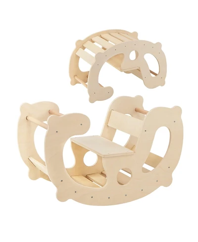 Sugift 2-in-1 Rocking Horse Arch for Kids Montessori Climbing Toys with Arch Climber-Natural