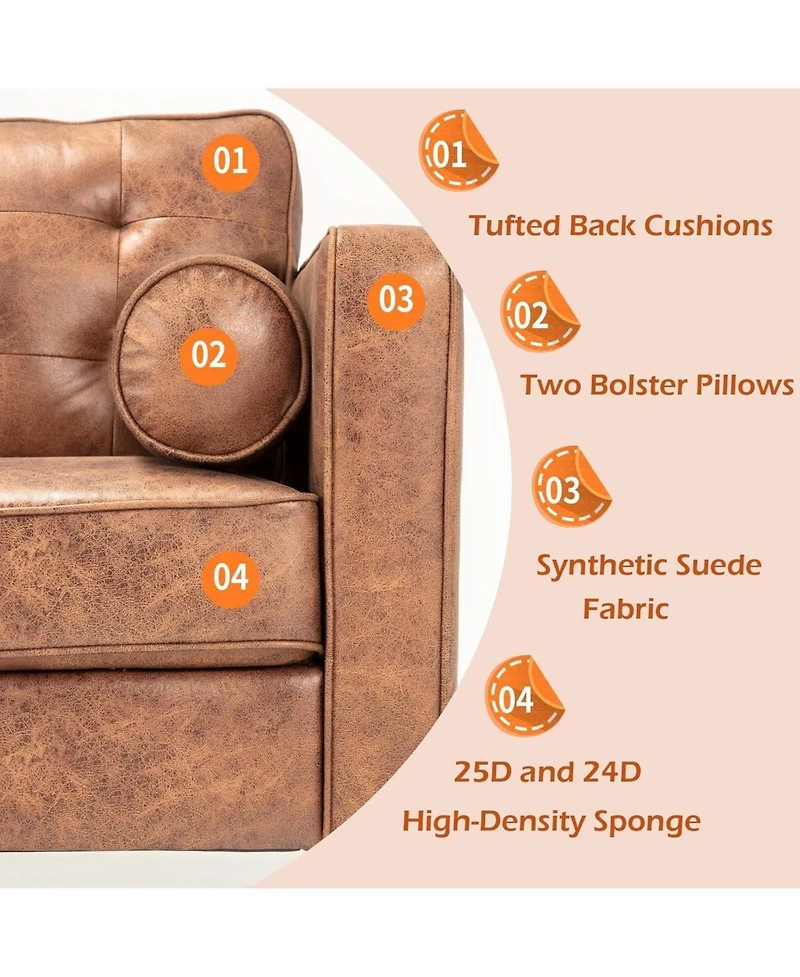 Aecojoy Faux Leather Sofa, 84.2-Inch Mid Century Modern 3-Seater Couch with 2 Bolster Pillows