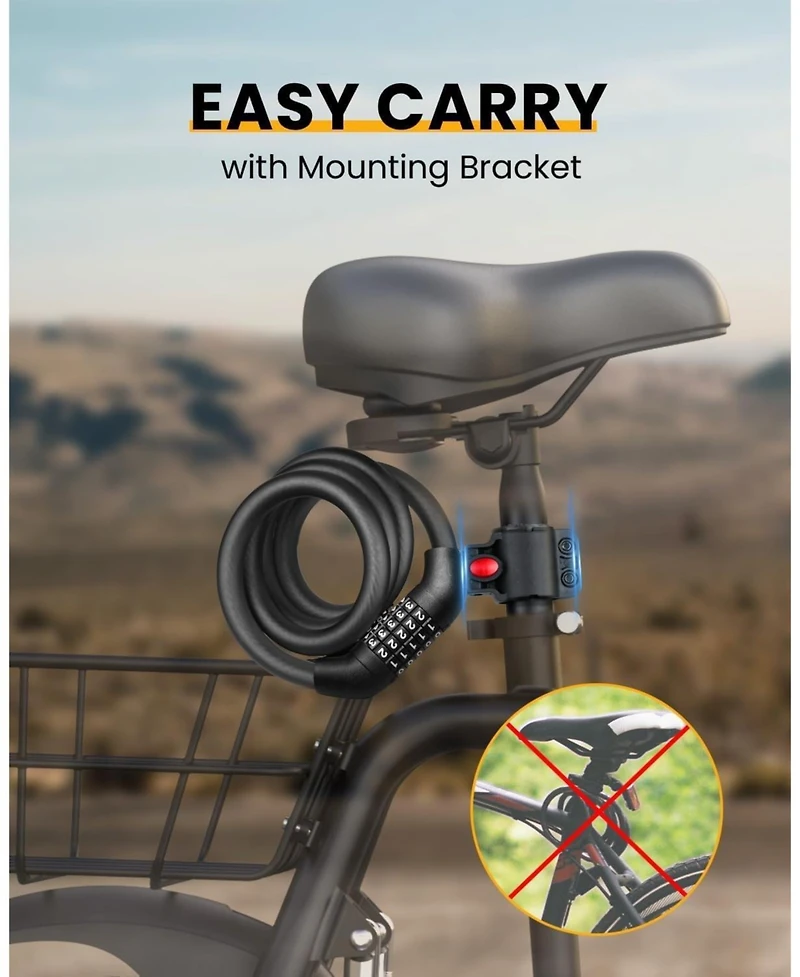 Batfox Combination Bike Lock Cable, 5-Digit Resettable High Security Anti-Theft Lock with Mounting Bracket for Bikes and Scooters -12mm Shackle