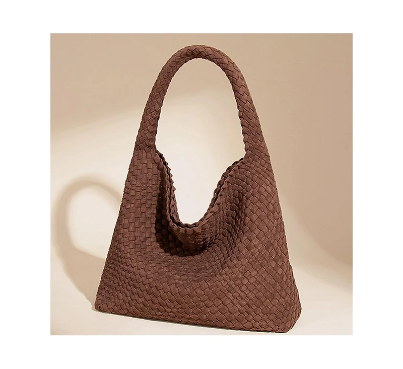 Susu Brown and Espresso Suede Woven Hobo Bag Large Slouchy Shoulder Tote Handbag for Women Soft Braided Texture Work Purse