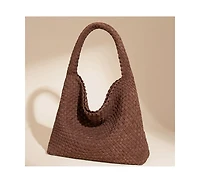 Susu Brown and Espresso Suede Woven Hobo Bag Large Slouchy Shoulder Tote Handbag for Women Soft Braided Texture Work Purse