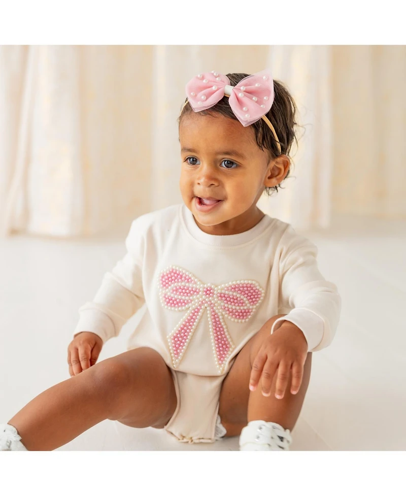 Sweet Wink Baby Girls Pearl Bow Patch Long Sleeve Romper