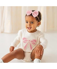 Sweet Wink Baby Girls Pearl Bow Patch Long Sleeve Romper