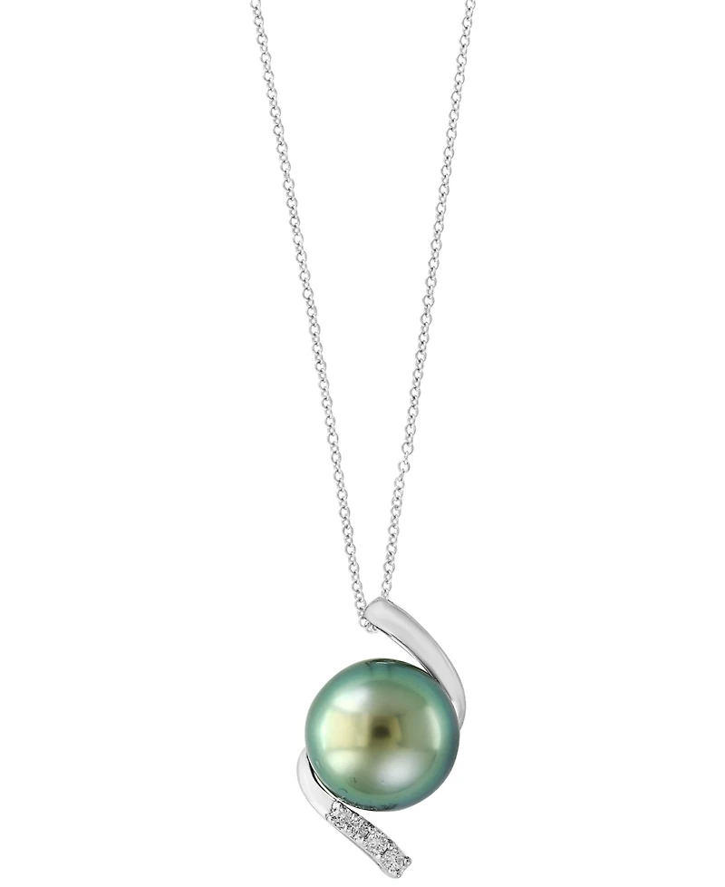 Effy Collection Black Tahitian Pearl (11-12mm) and Diamond Pendant Necklace (1/20 ct. t.w.) in Sterling Silver