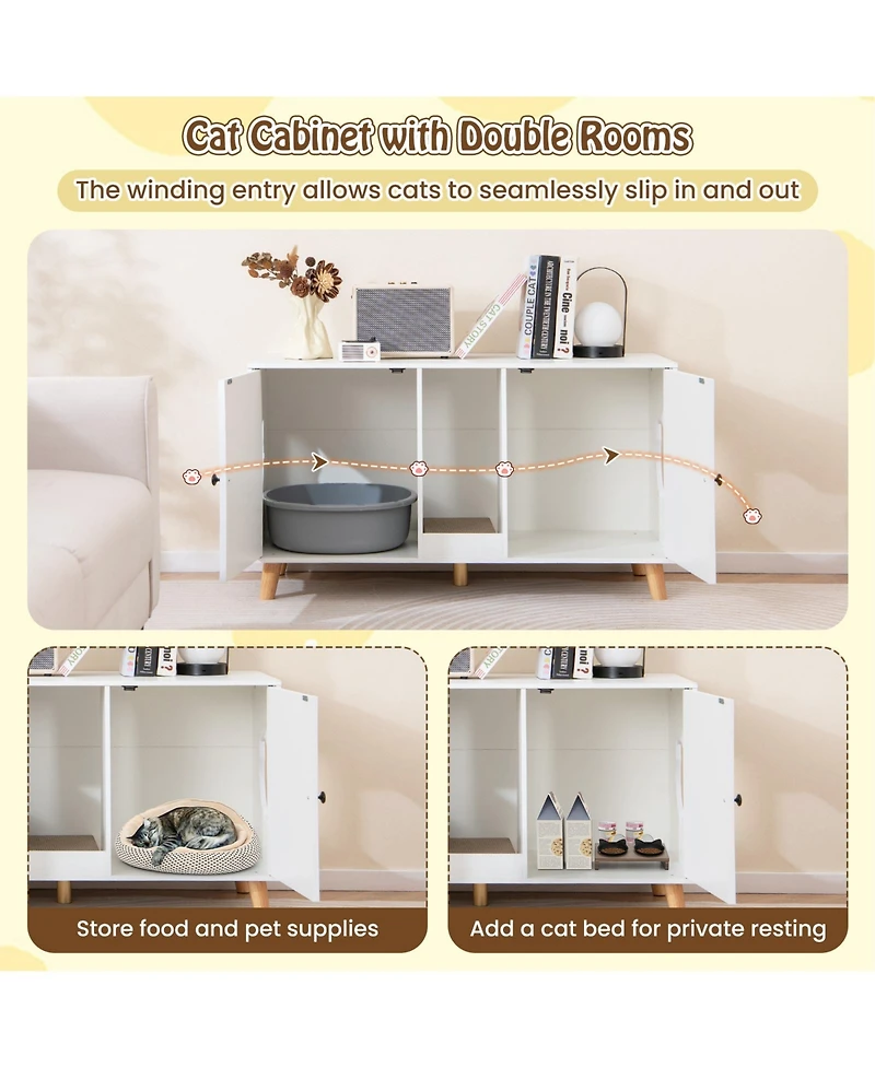 Gymax 43'' Cat Litter Box Enclosure for 2 Cats w/ Double Rooms Sisal Scratching Mats