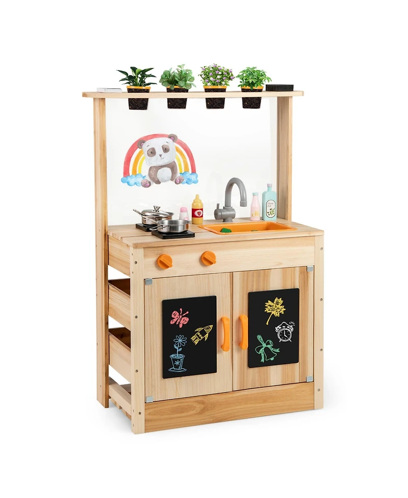 Sugift Kids Mud Kitchen Fir Wood Playset With Planting Pots And Blackboards-Natural.