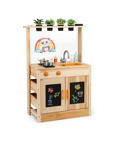 Sugift Kids Mud Kitchen Fir Wood Playset With Planting Pots And Blackboards-Natural.