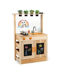 Sugift Kids Mud Kitchen Fir Wood Playset With Planting Pots And Blackboards-Natural.