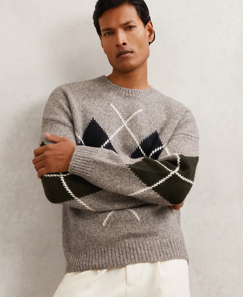 Reiss Men's Wool-Blend Crew-Neck Argyle Sweater